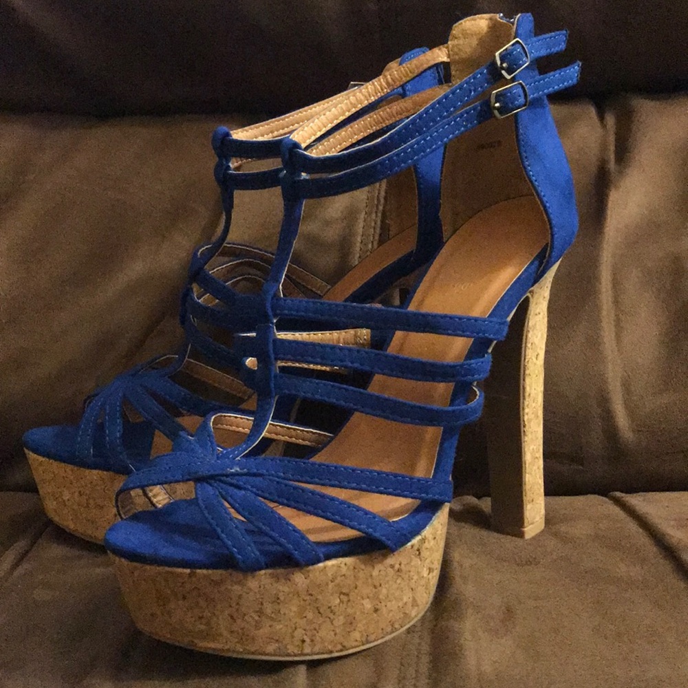 *NEVER WORN* Blue Strappy Heels w/ Cork Platform